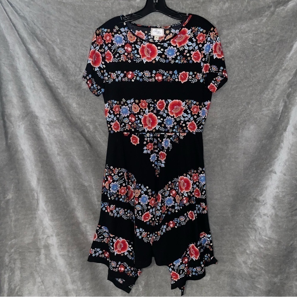 Beige by eci Black Floral Asymmetrical Dress Short Sleeve Size M Boho